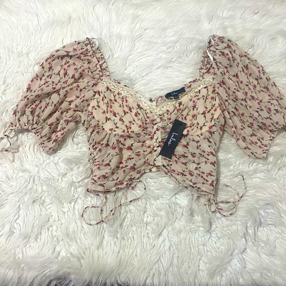 LULUS Pretty Pick Beige Floral Print Ruched Drawstring Crop Top - Picture 6 of 8